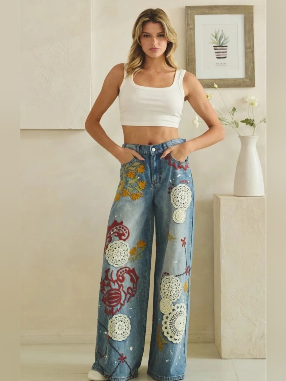 #1597 Oli & Hali Wildflower Crochet Appliqué Statement Denim Jeans